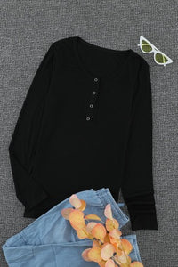 Black Snap Scoop Neck Long Sleeve Knit Top