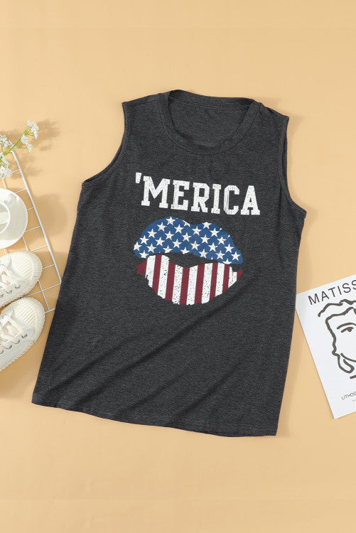 ’Merica Flag Lips Cut Out Back Sleeveless Top