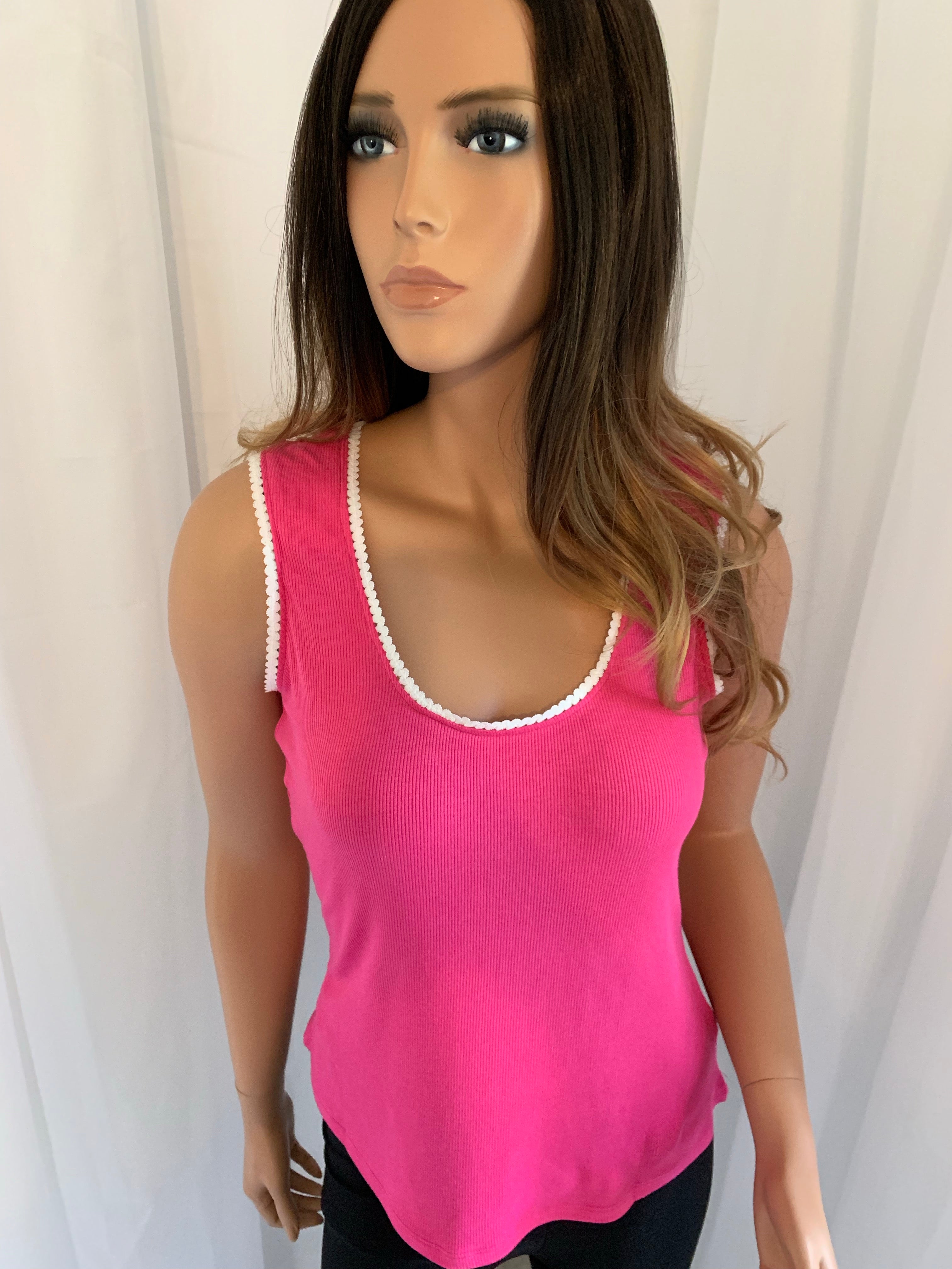Bright Pink Lace Trim Neckline Ribbed Knit Tank Top