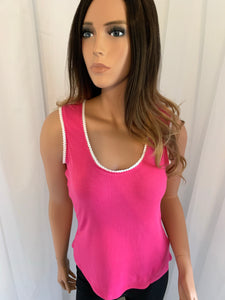 Bright Pink Lace Trim Neckline Ribbed Knit Tank Top