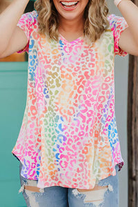 Multi-colored Leopard Print V-neck Knit Tee