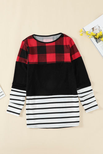 Red Plaid Splicing Striped Color Block Long Sleeve Top•Red buffalo plaid with English style is lively and eye-catching and perfect for the holidays.  •Black pinstripes are timeless fashion elements.  •Stitching and color block styles add uniqueness to the this top.  •Round neck, pullover style is a relaxed fit.  •Soft stretch knit.