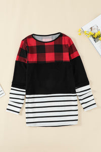 Red Plaid Splicing Striped Color Block Long Sleeve Top•Red buffalo plaid with English style is lively and eye-catching and perfect for the holidays.  •Black pinstripes are timeless fashion elements.  •Stitching and color block styles add uniqueness to the this top.  •Round neck, pullover style is a relaxed fit.  •Soft stretch knit.
