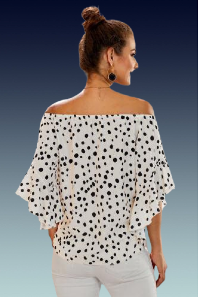 Cream Black Polka Dot Bell Sleeve Off Shoulder Front Tie Knot Top