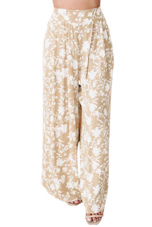 Bohemian floral style stretchy high waisted wide leg chic pants. Cool breezy casual pants to wear on hot sunny days. 