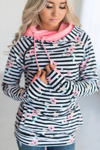 Black Stripes w/Pink Floral Print.  Double hoods, inside hood pink and outside hood floral.  Lightweight silky soft poly/cotton fabric.  Asymmetrical Zip At Shoulder.   Fits like a shirt should fit, not a baggy sweatshirt.    