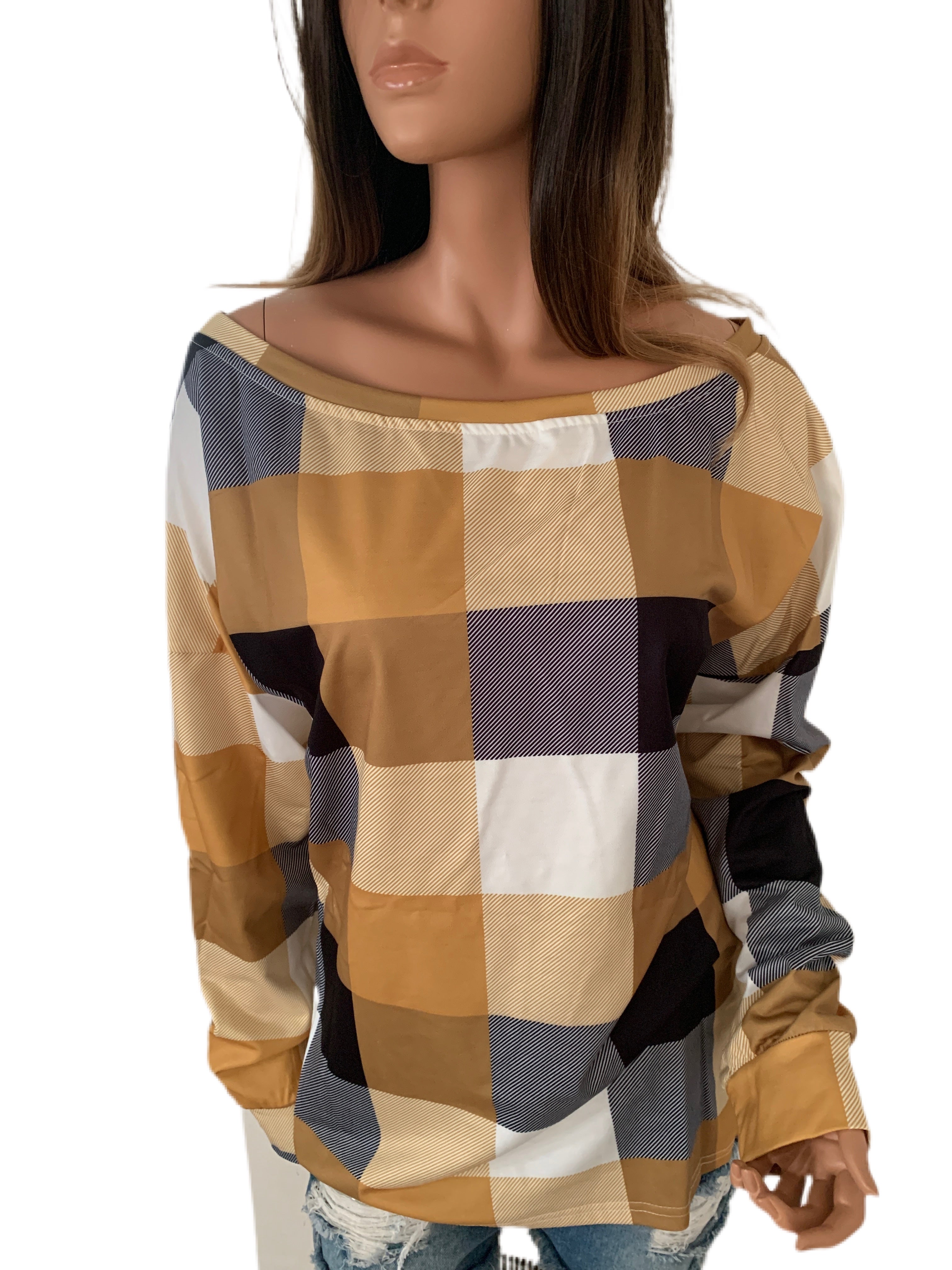 Harvest Gold Plaid Round Neck Long Sleeve Shirt