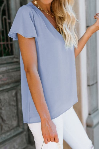 Unique ruched shoulder design is fascinating  •Flutter short sleeve, regular fit shape and hi-lo hem  •You can match it with leggings, jeans or casual pants  Nice silky feel textured blouse    