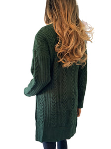 Dark Pine Cable Knit Open Front Cardigan Sweater