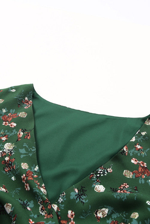 Green Floral V-Neck Peplum Blouse