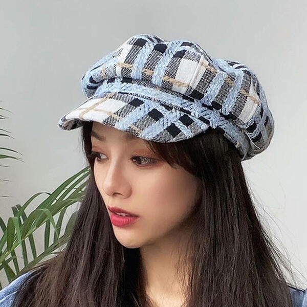 Blue, black and white plaid tweed hat. Is adjustable. This is a high quality hat. One size