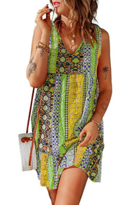 Green Yellow Floral Color Block Print Empire Waist Dress