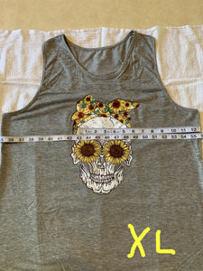 Gray Tank With Sunflowered Skull