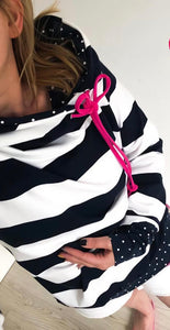 White & Black Stripes w/Navy Polka Dots Lightweight Hoodie