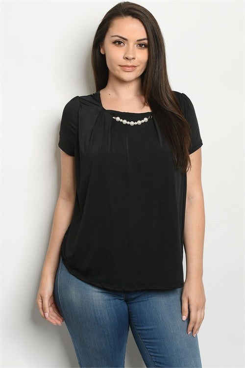 Black Pearl Neckline Silky Short Sleeve Blouse