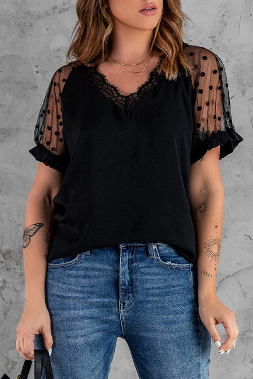 Black Polka Dot Lace Ruffled Sleeve V-Neck Blouse