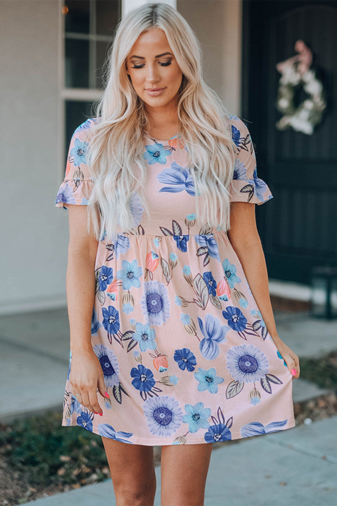 Pink Ruffled Short Sleeve Blue Floral Dress