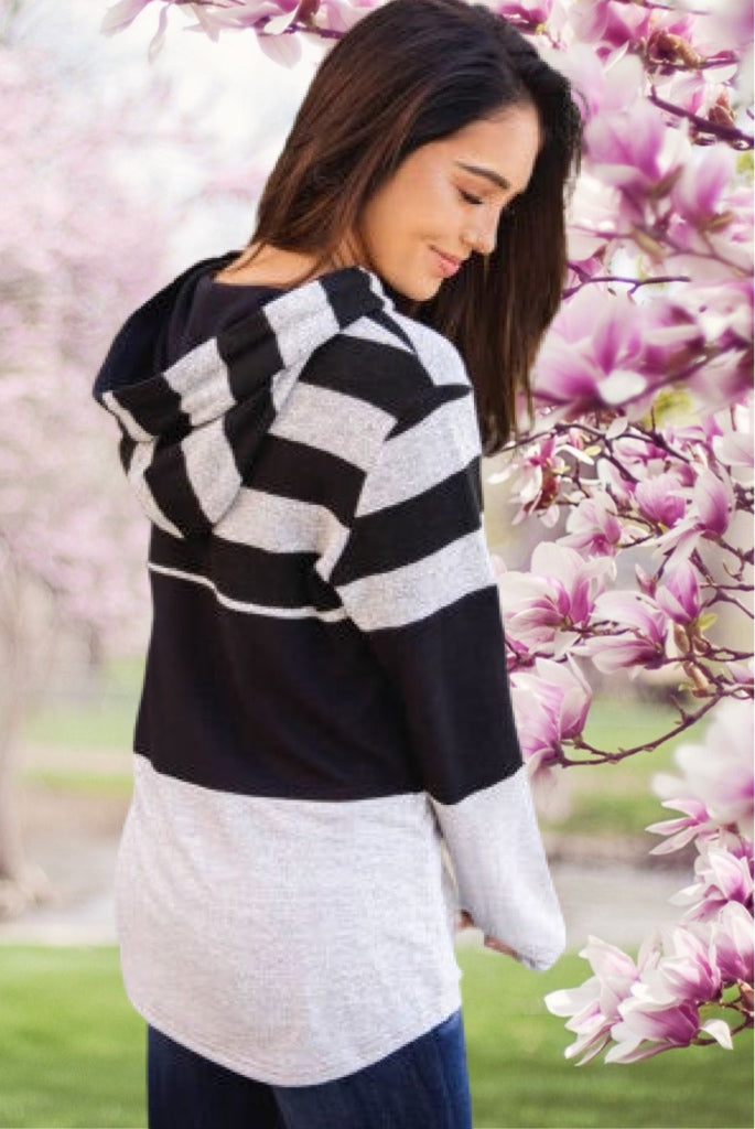 Gray and Black Striped Colorblock Lightweight Hoodie
