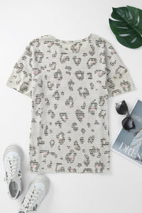 Beige Waffle Knit Pink Navy Leopard Print Tee