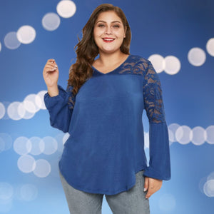 Plus Size Royal Blue Lace Trim Long-sleeve Top