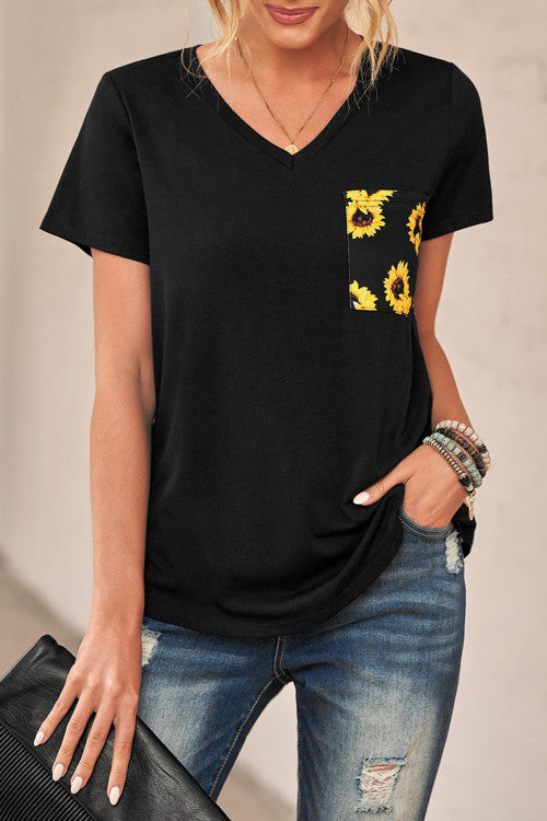 Black with Sunflowers V-Neck Color Block Knit Tee