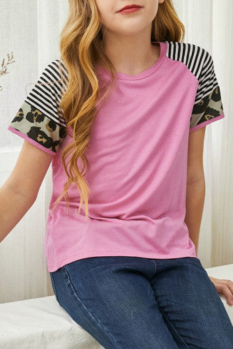 Girls Pink Striped Leopard Print Sleeve Tee