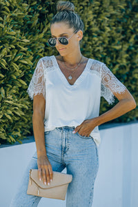White Lace Sleeve V Neck Tee Final sale!