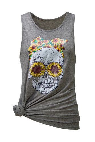 Gray Tank With Sunflowered Skull