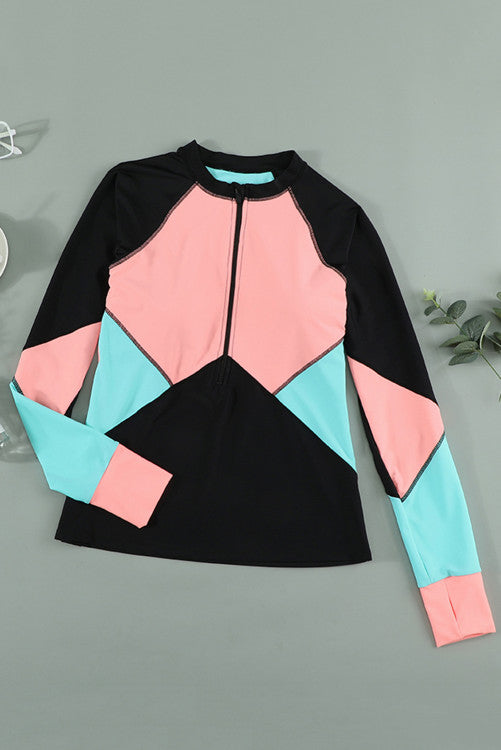 Coral/Mint Color Block Zip Up Rashguard Sports Top