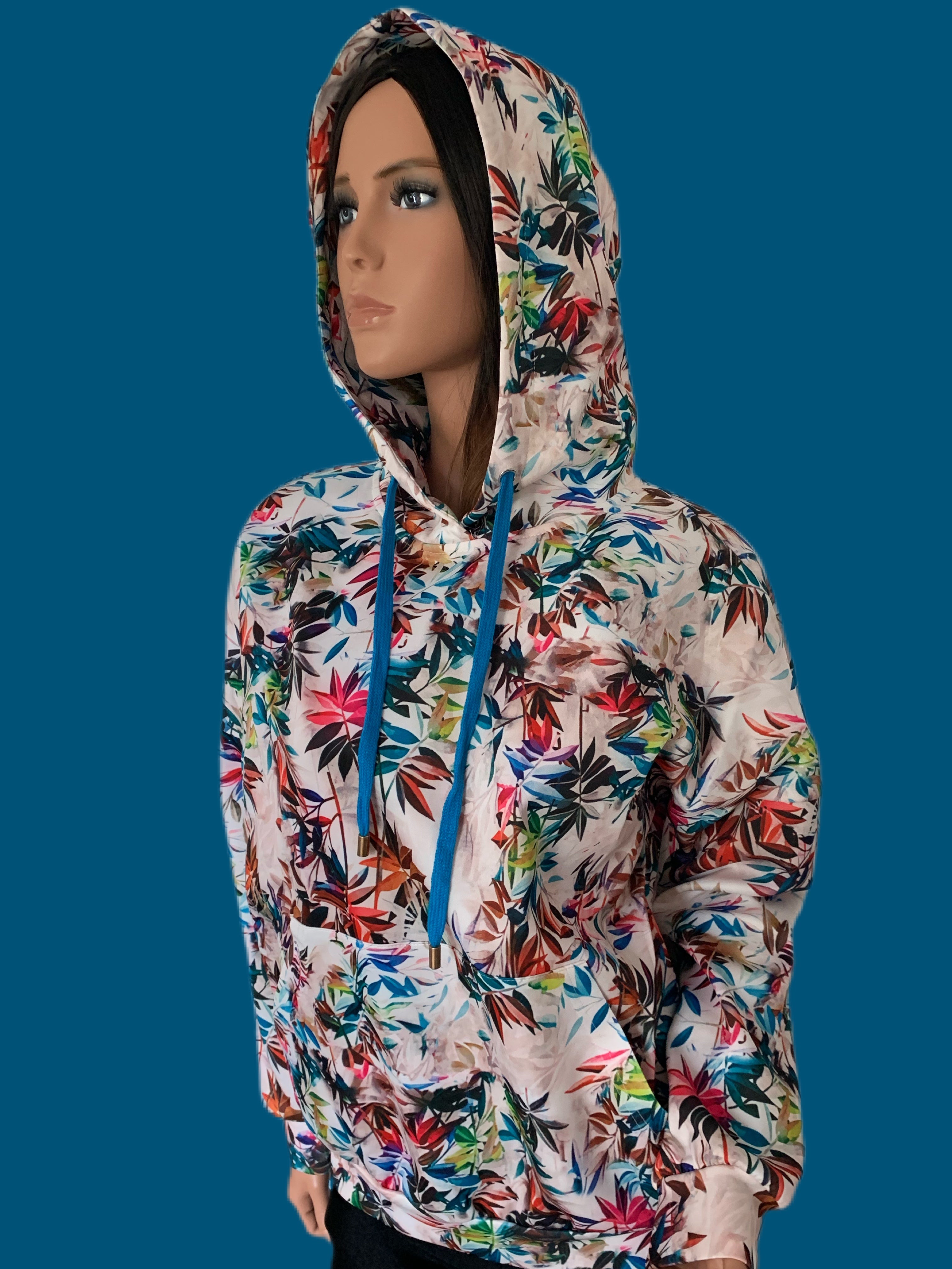 Colorful Plant Printed Cream Hooded Sweatshirt