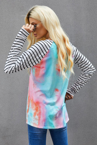 Pink & Aqua Tie-dye Print Sequin Pocket Long-sleeve Top