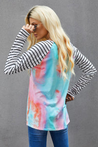 Pink & Aqua Tie-dye Print Sequin Pocket Long-sleeve Top
