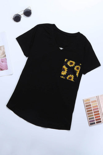 Black with Sunflowers V-Neck Color Block Knit Tee