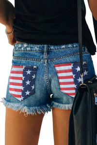 American Flag Pocket Distressed Blue Denim Shorts