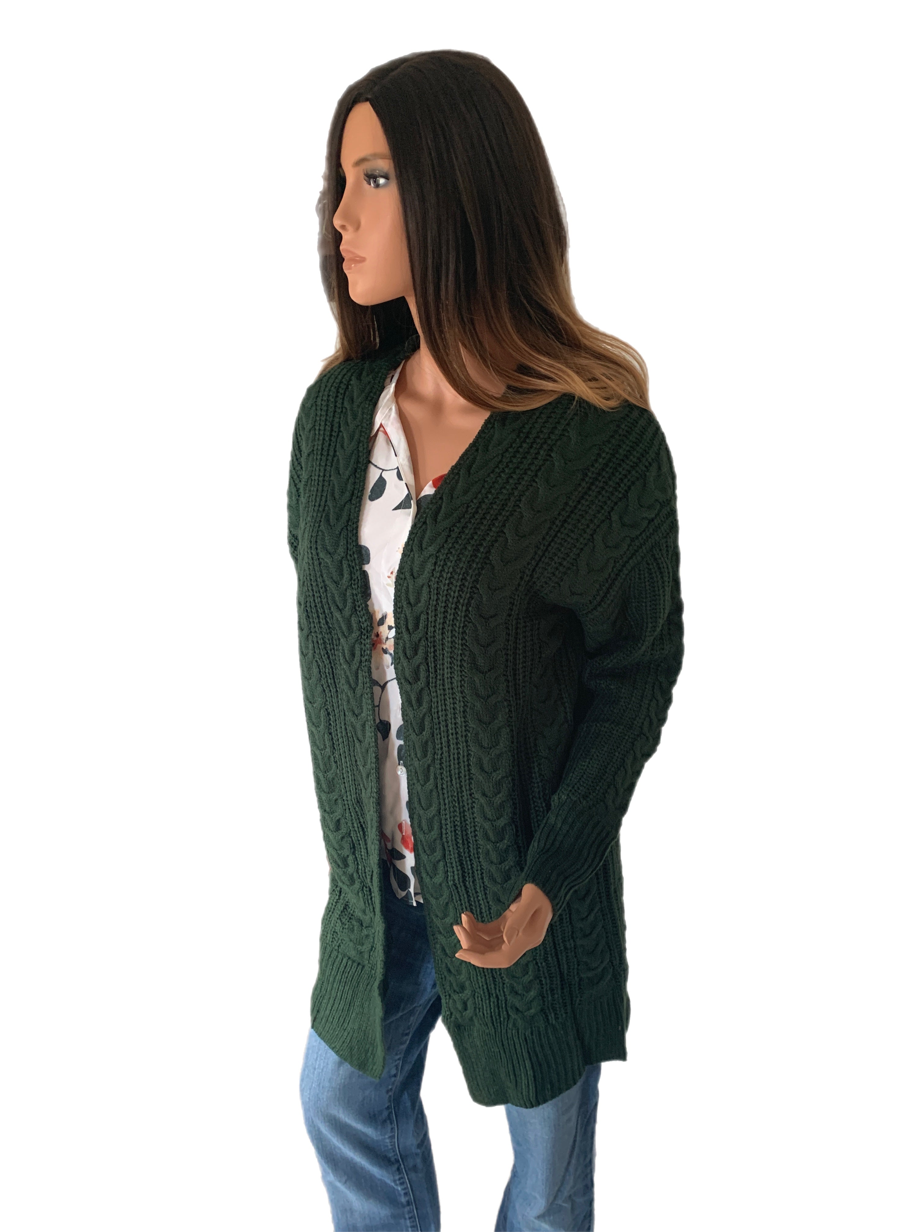 Dark Pine Cable Knit Open Front Cardigan Sweater