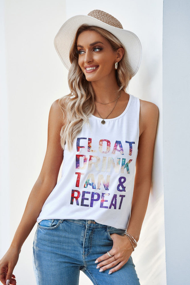 Float Drink Tan Repeat Printed White Tank Top