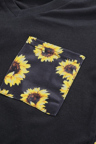 Black with Sunflowers V-Neck Color Block Knit Tee