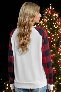 Red Buffalo Plaid Long Sleeve White Knit Top