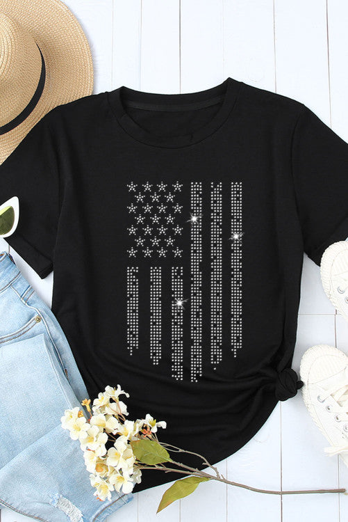 Soft knit black tee with shiny silver American flag design. Wear this tee with pride to all your summer events. Nice soft comfortable stretchy knit fabric. Roomy tee!! 