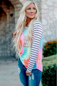 Pink & Aqua Tie-dye Print Sequin Pocket Long-sleeve Top