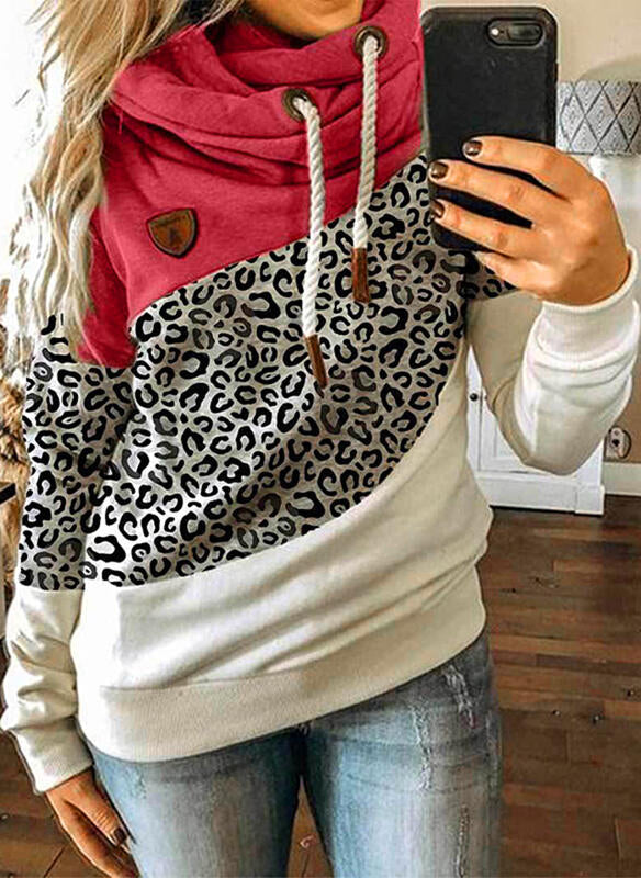Red Leopard Print Color-block Hooded Sweatshirt