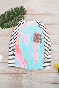 Sequin Pocket StripedTie-dye Print Top