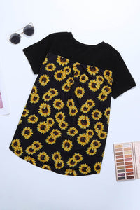Black with Sunflowers V-Neck Color Block Knit Tee