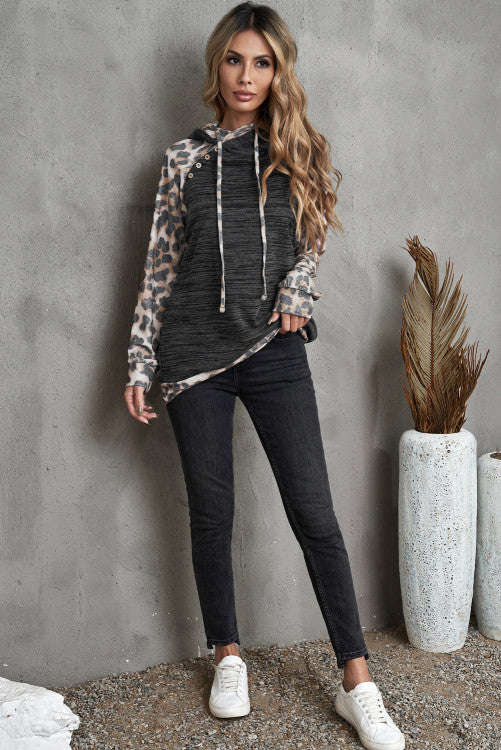 Gray Brushed Leopard Print Color Block Double Hooded Sweatshirt