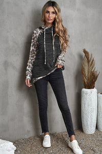 Gray Brushed Leopard Print Color Block Double Hooded Sweatshirt