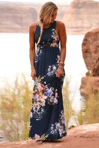 Navy Floral High Waist Maxi Dress