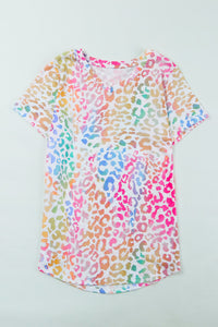 Multi-colored Leopard Print V-neck Knit Tee