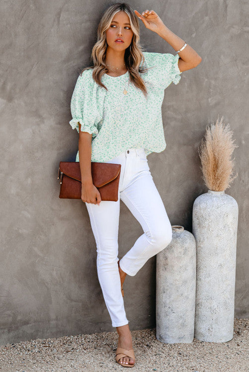 Mint Floral Puff Sleeve Crinkle Blouse