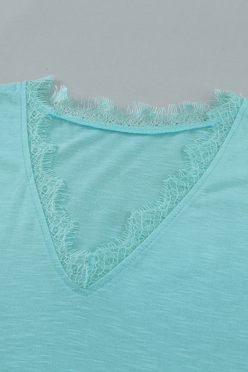 Mint Green Lace Trim V-Neck Cap Sleeve Tee