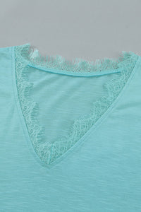 Mint Green Lace Trim V-Neck Cap Sleeve Tee